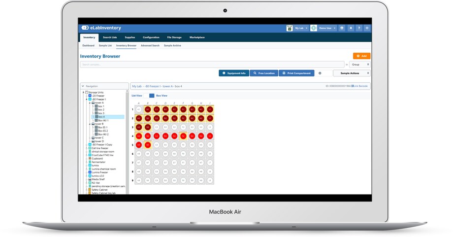 Eppendorf eLabInventory software: Browser Inventory browser for eLabInventory, the sample management software solution for sample storage in the the digital lab