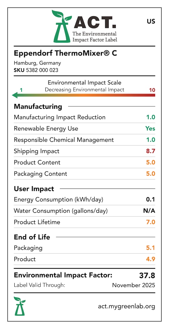 ACT label of sustainability certification for Eppendorf ThermoMixer C