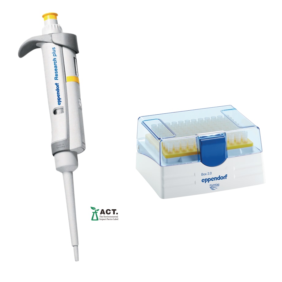 Research plus 1-channel, 2 – 20 µL, yellow, incl. epT.I.P.S. Box 2.0 with 96 pipette tips