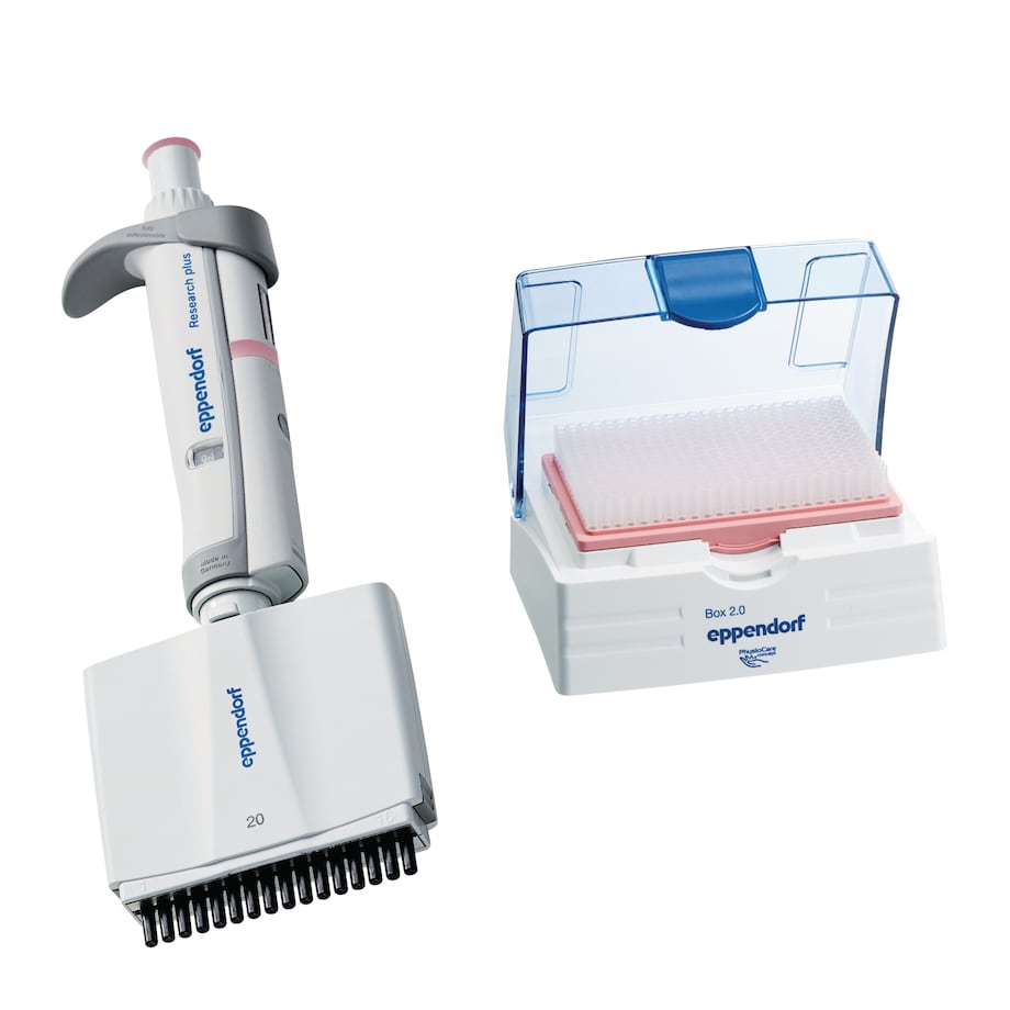 Research plus 16-channel, 1 – 20 µL, light pink, 4.5 mm cone distance, incl. epT.I.P.S. Box 2.0 with 384 pipette tips