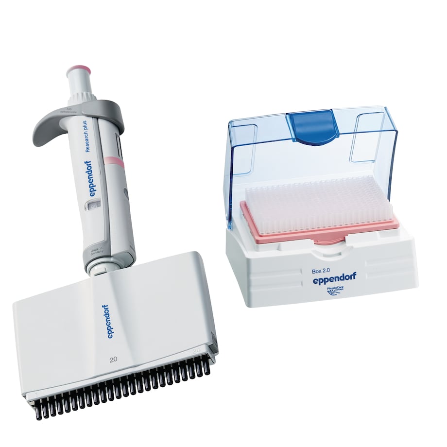 Research plus 24-channel, 1 – 20 µL, light pink, 4.5 mm cone distance, incl. epT.I.P.S. Box 2.0 with 384 pipette tips