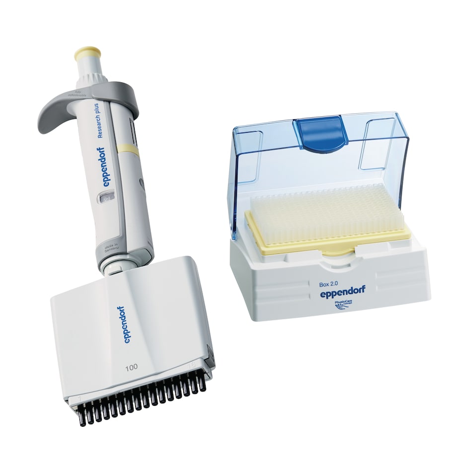 Research plus 16-channel, 5 – 100 µL, light yellow, 4.5 mm cone distance, incl. epT.I.P.S. Box 2.0 with 96 pipette tips