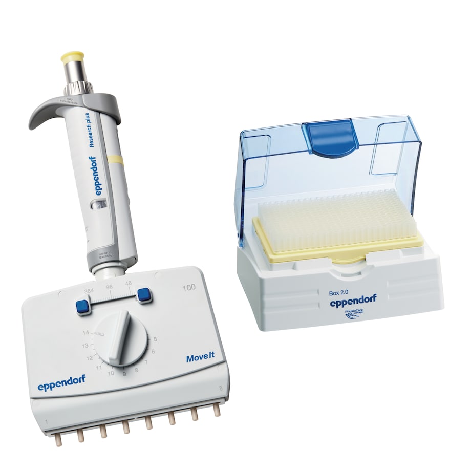 Research plus Move It 8-channel, 5 – 100 µL, light yellow, incl. epT.I.P.S. Box 2.0 with 384 pipette tips