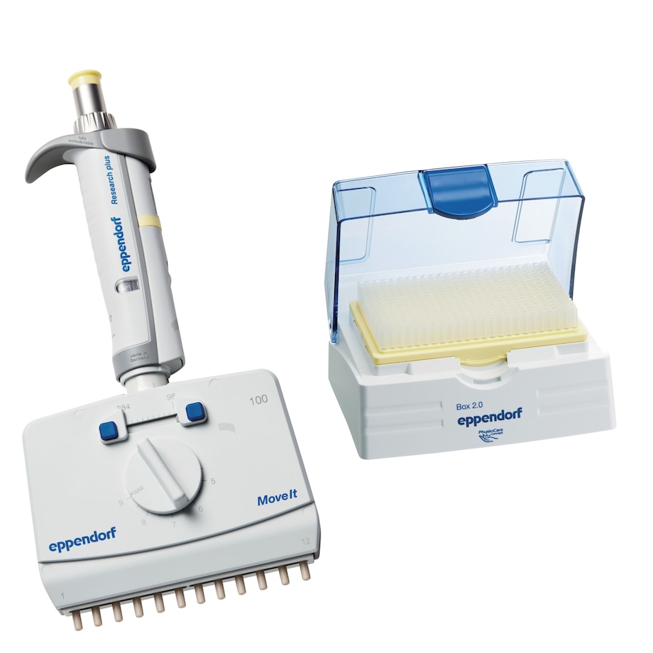 Research plus Move It 12-channel, 5 – 100 µL, light yellow, incl. epT.I.P.S. Box 2.0 with 384 pipette tips