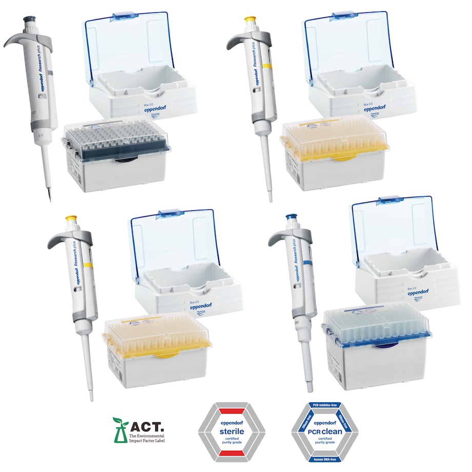 Eppendorf Research plus pipettes are available in a convenient 4-pack with bio-based pipette tips Eppendorf Research plus pipettes are available in a convenient 4-pack with bio-based pipette tips