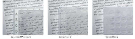 Plate comparison of Eppendorf Microplates versus competitor microplates. Eppendorf Microplates have superior transparency.