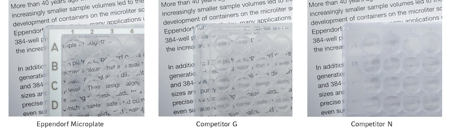 Transparency, comparison Plate comparison of Eppendorf Microplates versus competitor microplates. Eppendorf Microplates have superior transparency.