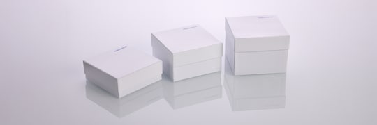 Group of Eppendorf freezer boxes for different vessel sizes, made of cardboard