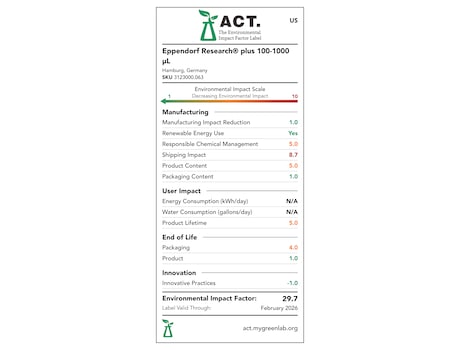 ACT label of sustainability certification for Eppendorf Research<sup>&reg;</sup> plus pipette, 100-1000 &micro;L (blue), single-channel, variable