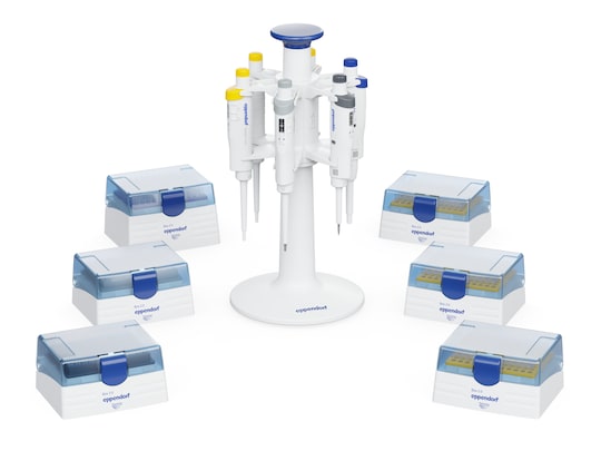 6x Research 3 neo pipettes incl. Pipette Carousel 2 (white), 6x epT.I.P.S.® Box 2.0 (x 96 pipette tips)