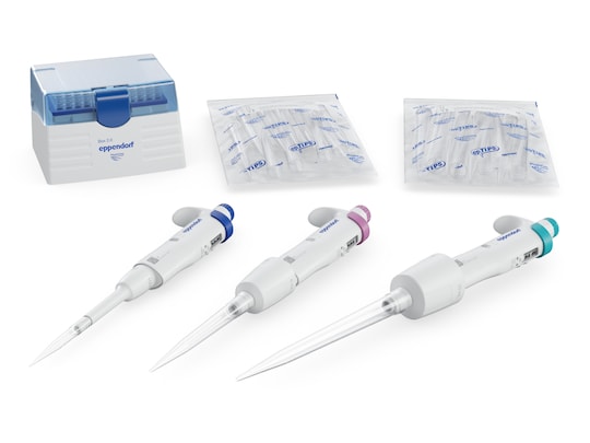 3x Research 3 neo pipettes incl. 1x epT.I.P.S.® Box 2.0 (x 96 pipette tips), 2x epT.I.P.S. sample bags (x 10 pipette tips)