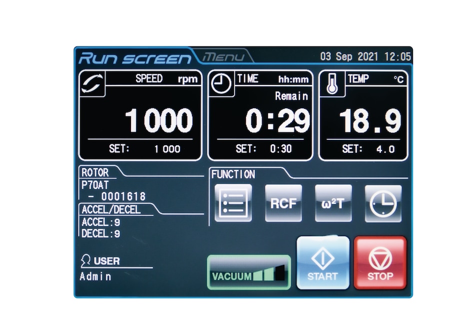 Centrifuge CP-NX, running, normal run screen