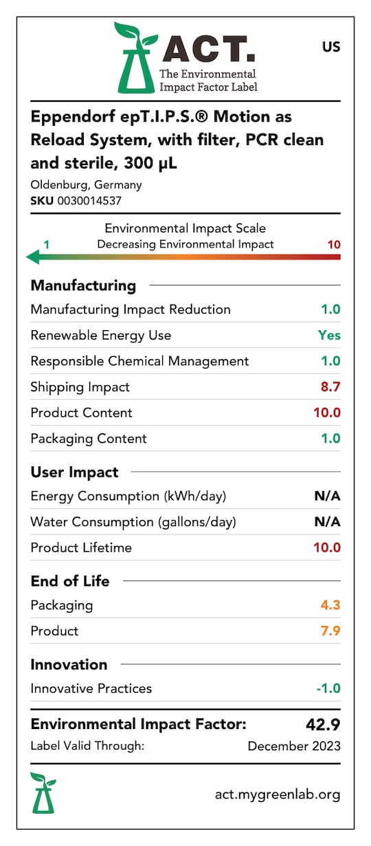 ACT® label of sustainability certification for Eppendorf epT.I.P.S.® Motion reloads filter PCR clean sterile 300 µL