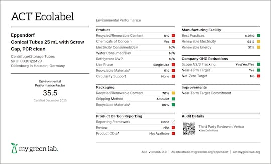 ACT label of sustainability certification for Eppendorf 25 mL conical tubes (screw cap, PCR-clean)