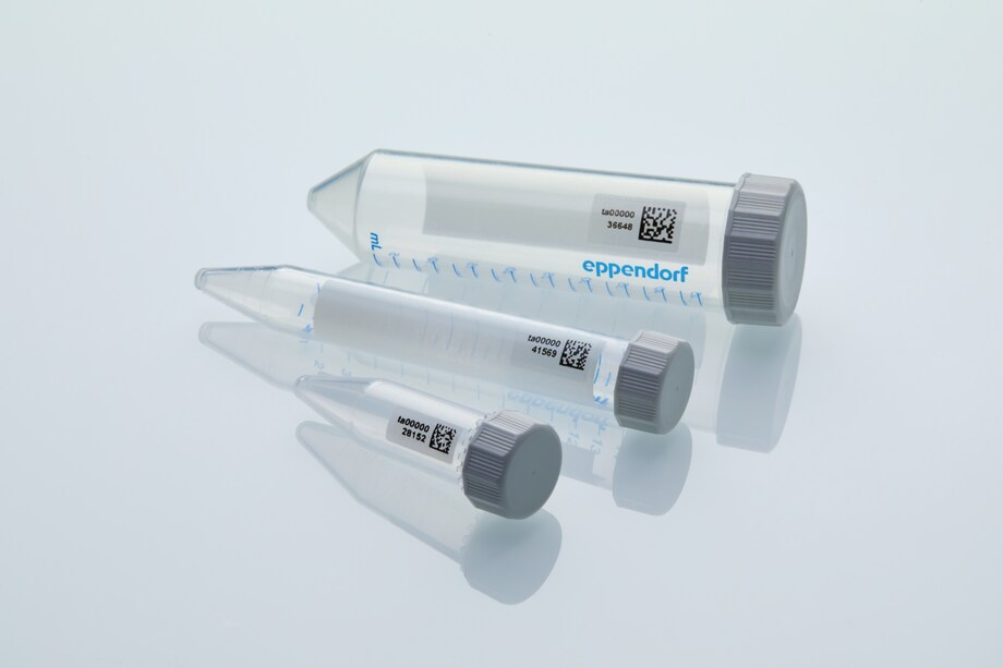 Eppendorf SafeCode conical tubes at bench 5, 15 and 50 mL concial tubes with Eppendorf SafeCode barcode label to ensure safe sample identification, being on bench