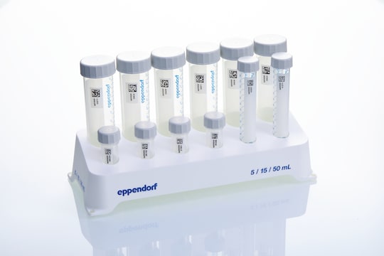 5, 15, and 50 mL conical tubes with Eppendorf SafeCode barcode label to ensure safe sample identification, stored in rack