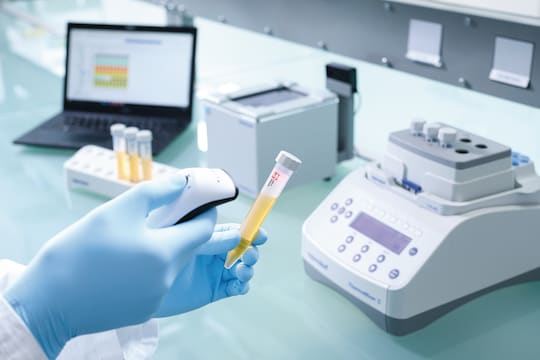 15 mL conical tubes with Eppendorf SafeCode barcode label to ensure safe sample identification in hand of scientist and scanned by handheld scanner