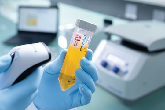 50 mL conical tubes with Eppendorf SafeCode barcode label to ensure safe sample identification in hand of scientist and scanned by hand scanner