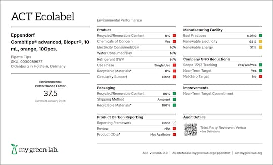 ACT label of sustainability certification for Eppendorf Combitips advanced 10 mL (orange) (0030089677)