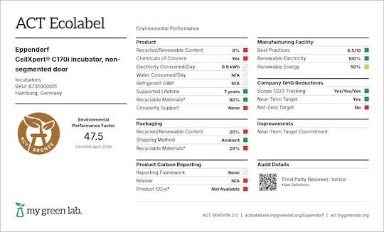 ACT label of sustainability certification for Eppendorf CellXpert C170i, non-segmented-inner door (6731000011)