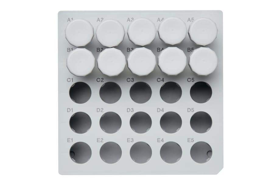 Storage Box 5x5 topview, open Topview on Eppendorf Storage Box for 5 mL conical tubes for storage in ULT freezers (without lid)