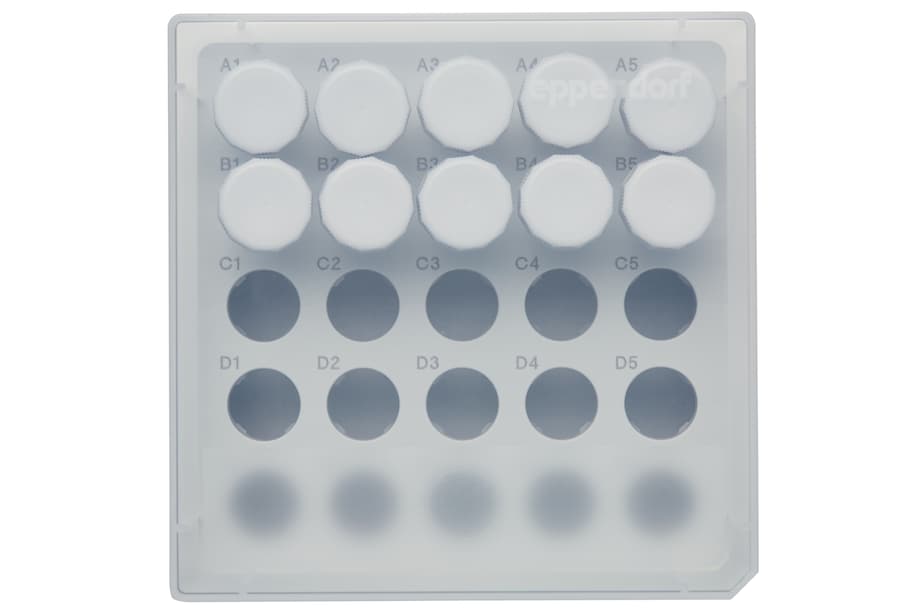 Storage Box for 5.0 mL vessels - topview Topview on Eppendorf Storage Box for 5.0 mL vessels with screw cap for ULT frezeers