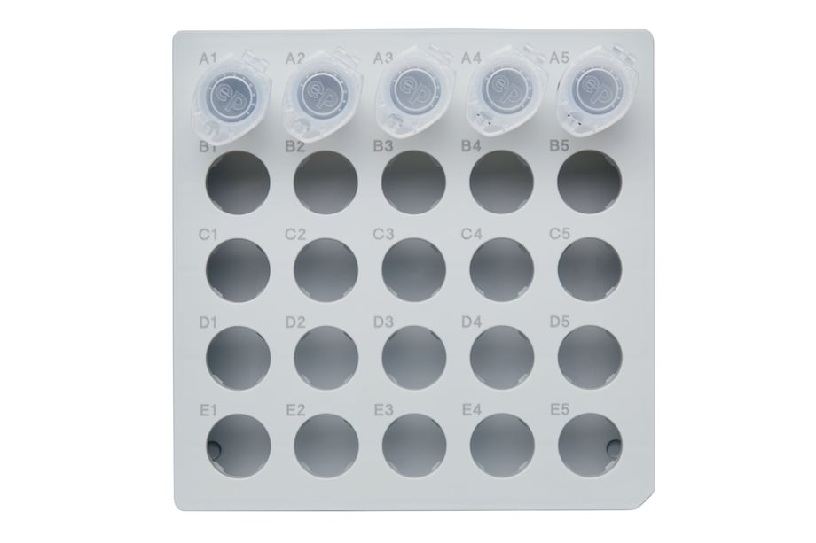 Freezer storage box - 5 mL vessels Top view on Eppendorf Storage Box for 5 mL conical tubes for storage in ULT freezers (without lid)