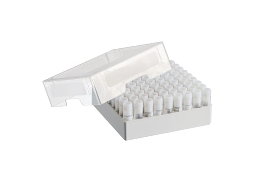 Side view on Eppendorf Storage Box for cryotubes and their storage in ULT freezers