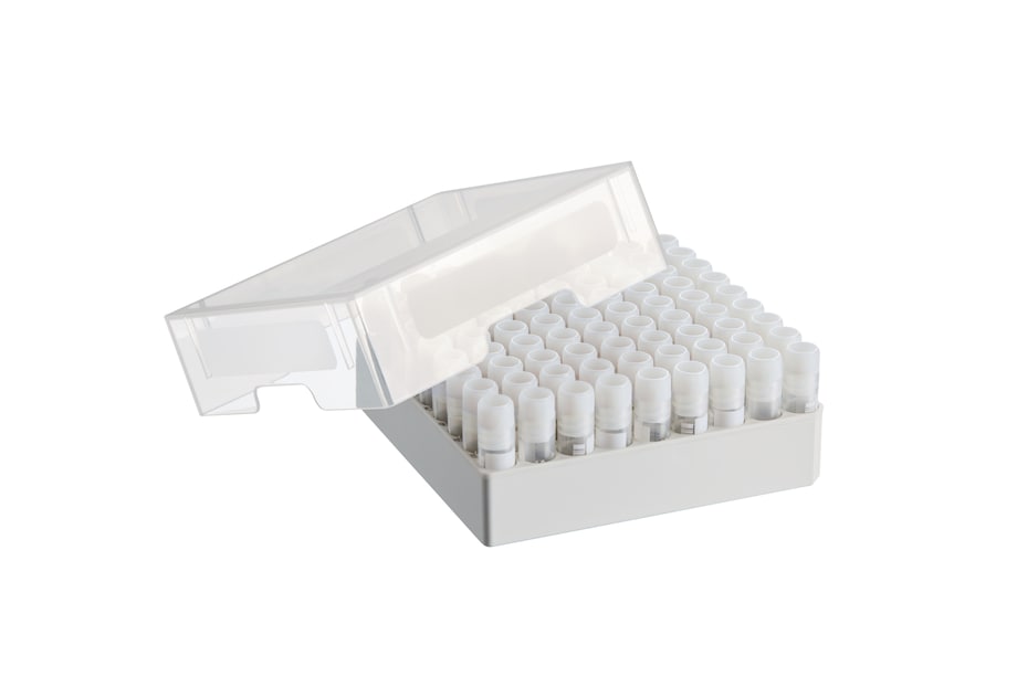Freezer storage box - microtube vessels Side view on Eppendorf Storage Box for cryotubes and their storage in ULT freezers