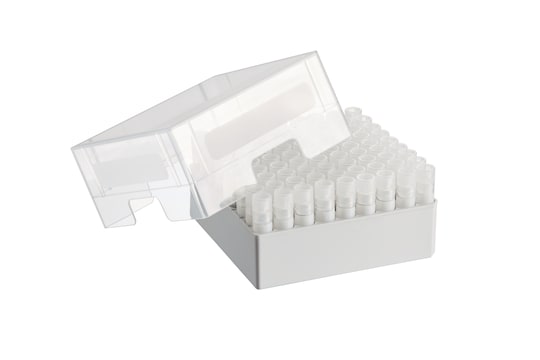 Side view on Eppendorf Storage Box for cryotubes and their storage in ULT freezers