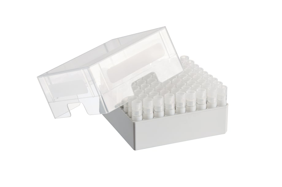 Freezer storage box - 76 mm cryovial vessels Side view on Eppendorf Storage Box for cryotubes and their storage in ULT freezers