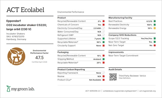 ACT label of sustainability certification for Eppendorf CellXpert CS220, large orbit (6740212010)