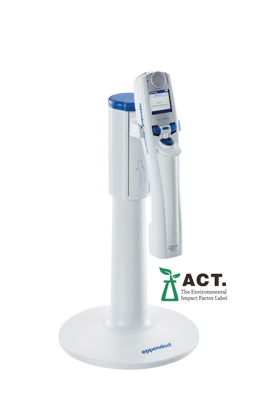 Charger Stand 2 with a Repeater® E3x multi-dispenser pipette