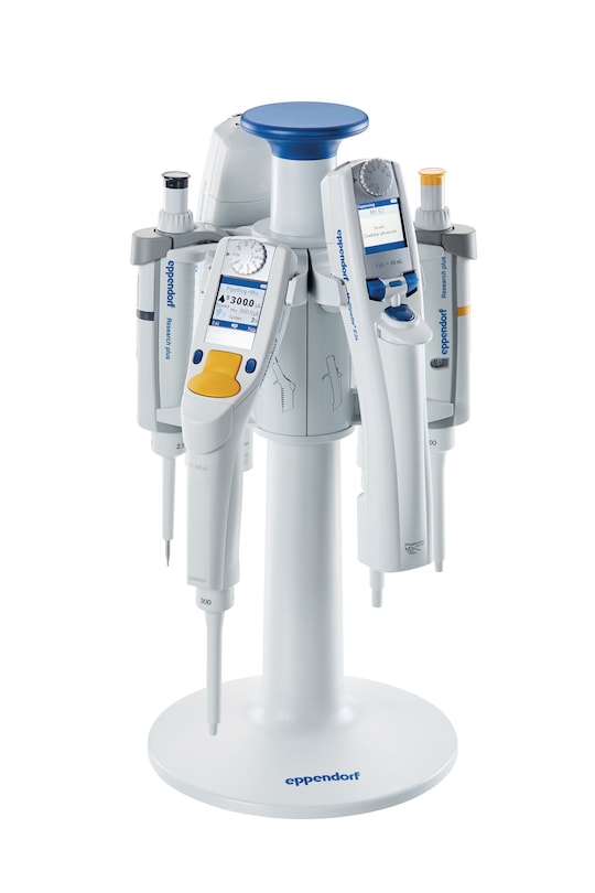 The Pipette Carousel 2 holding Eppendorf Xplorer®, Repeater® E3x and Eppendorf Research® plus pipettes