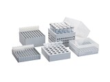 Eppendorf Freezer storage box family for 5 different tube volume classes on white background