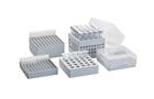 Eppendorf Freezer storage box family for 5 different tube volume classes on white background
