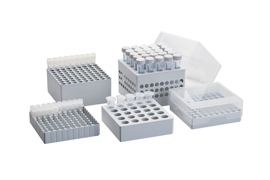 Eppendorf Freezer storage box family for 5 different tube volume classes on white background