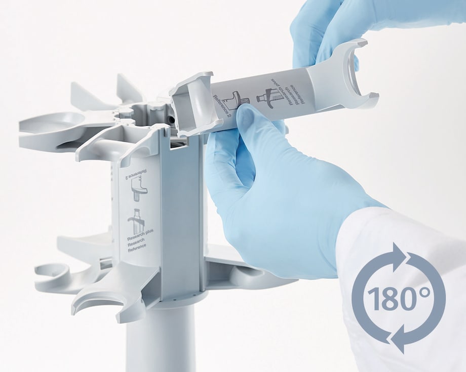 Quickly change a Pipette Holder 2 for Eppendorf Research® plus into a Reference® 2 holder by turning it 180°