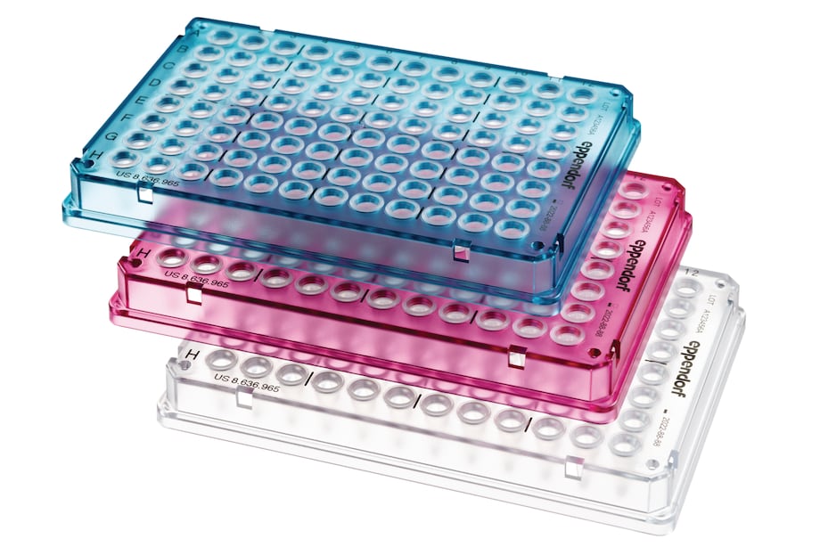 twin.tec trace PCR plate group, stacked, clear,crystblue, fuchsia