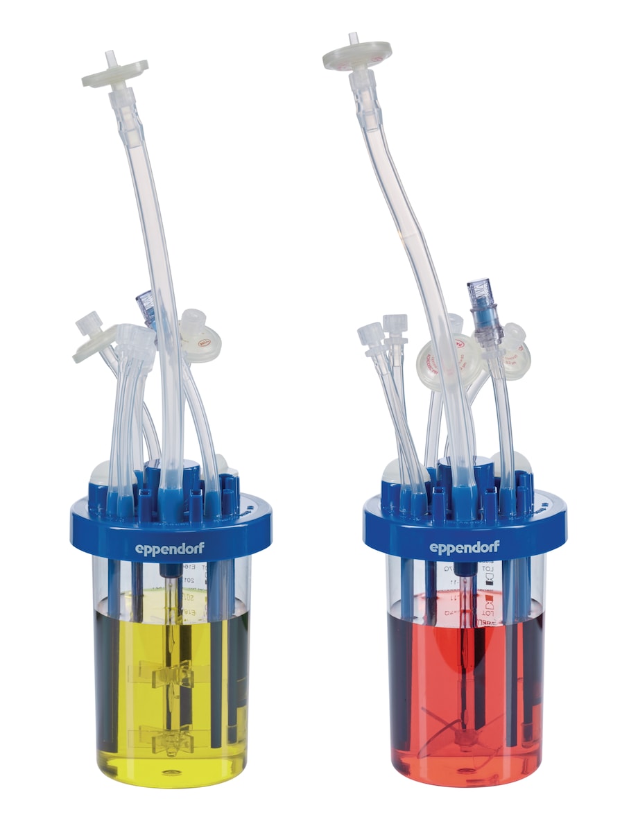 BioBLU 0.3c-f with medium BioBLU c and BioBLU f Single-Use Bioreactors for small and bench scale cell culture, stem cell, and fermentation applications.