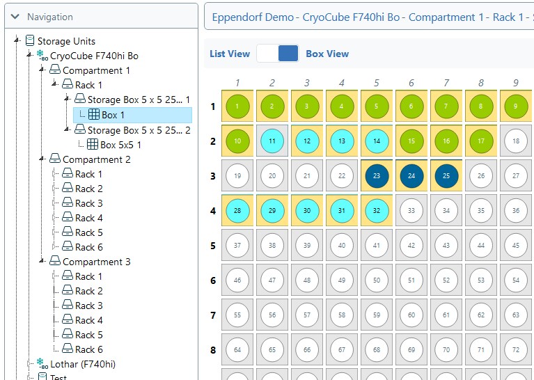 Eppendorf eLabInventory software: Navigation in browser and sample box Navigation within eLabInventory, the sample management software solution for sample storage in the the digital lab