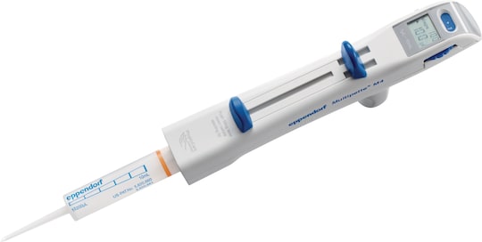 Ergonomic Multipette_REG__NBSP_M4 multi-dispenser pipette with Combitips_REG_ advanced tip attached