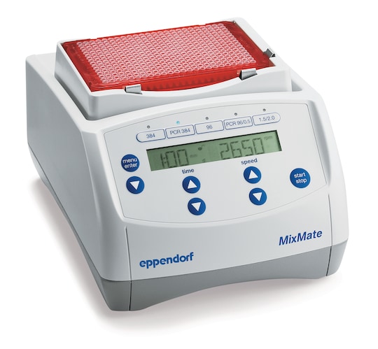 Eppendorf MixMate mixer device with red PCR 384-well plate