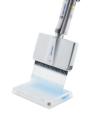 Eppendorf 16- and 24-channel pipettes are ideal to dispense multiple samples in 384-well plates Eppendorf 24-channel pipette used to dispense liquid in 384-well plate
