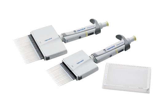 Eppendorf Research® plus 16 and 24-channel mechanical pipettes and 384-well plate