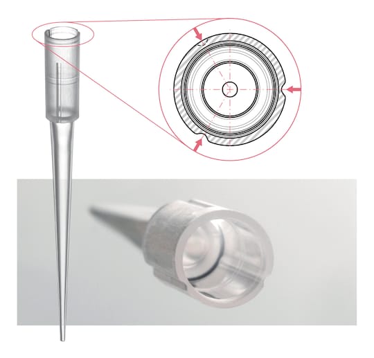 epT.I.P.S.® 384 pipette tips are equipped with elastic forming groves, significantly reducing tip attachment and ejection forces