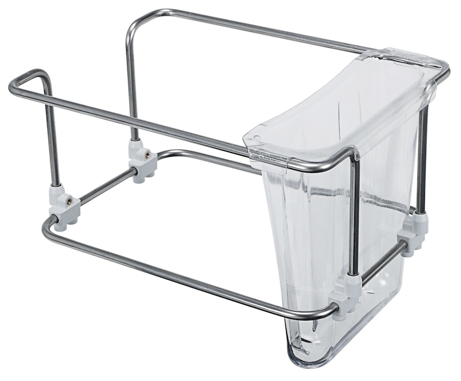 Liquid waste bin in waste bag holder, empty, no background A flexible waste bin for liquids and solid waste is useful in automated liquid handling systems