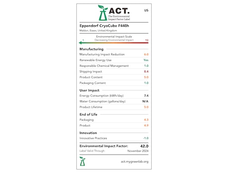 Ausgezeichnet mit dem ACT-Zertifikat für Nachhaltigkeit: die Eppendorf CryoCube F570h ULT-Ultratiefkühlgeräte
