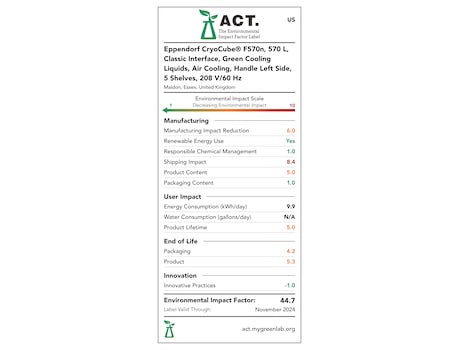 ACT<sup>&reg;</sup> label of sustainability certification for Eppendorf CryoCube<sup>&reg;</sup> F570n ULT freezer