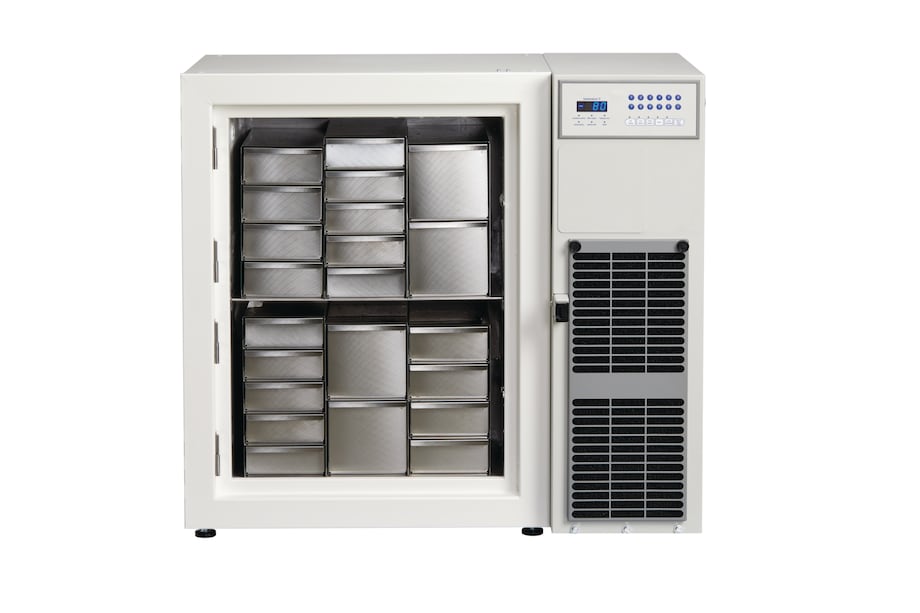 Eppendorf CryoCube F101h ULT freezer: Front view with racks Eppendorf CryoCube_REG_ F101h ULT freezer filled with racks